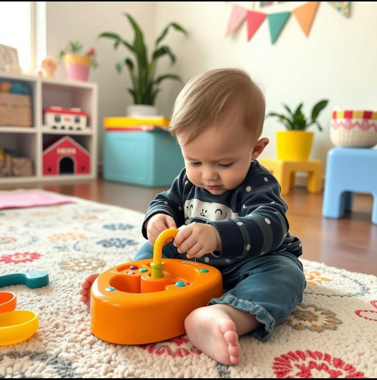 Child playing with an orange toy on a patterned rug