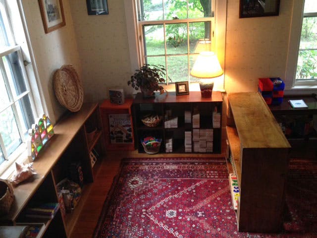 Room with windows, bookshelves, and a red patterned rug