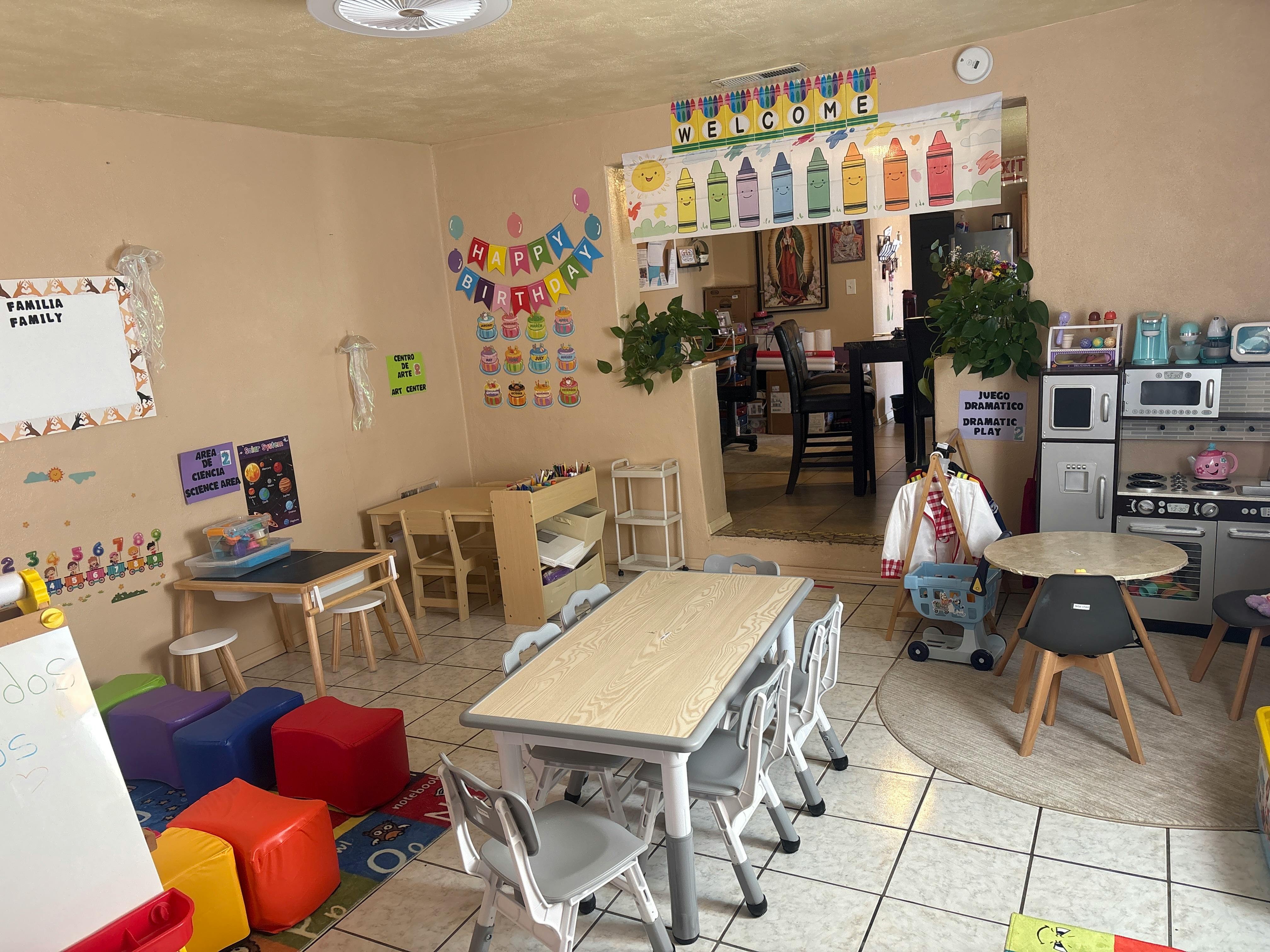 Classroom interior with small tables chairs and educational wall decorations