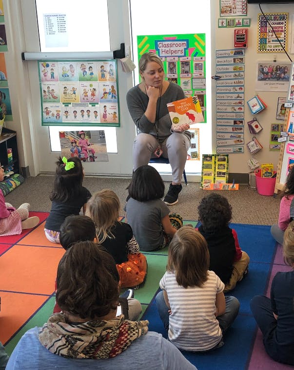 Person reading a book to a group of children in a classroom