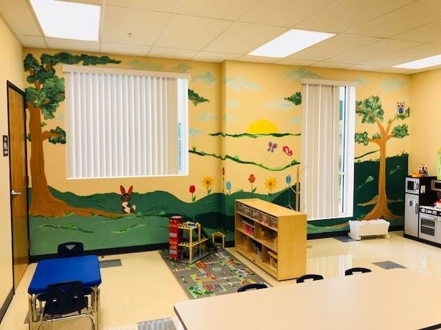 Playroom with wall murals of trees and hills, and children's furniture