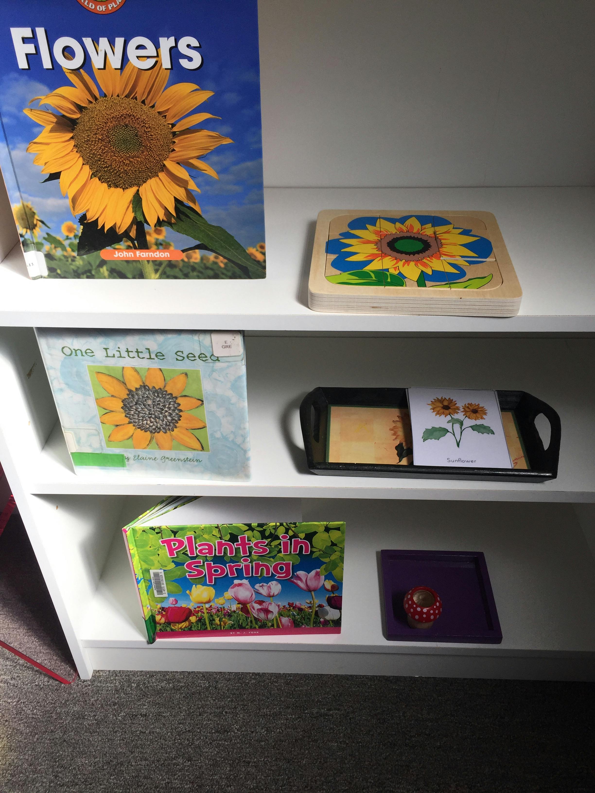 Books and a puzzle with sunflower imagery on white shelves