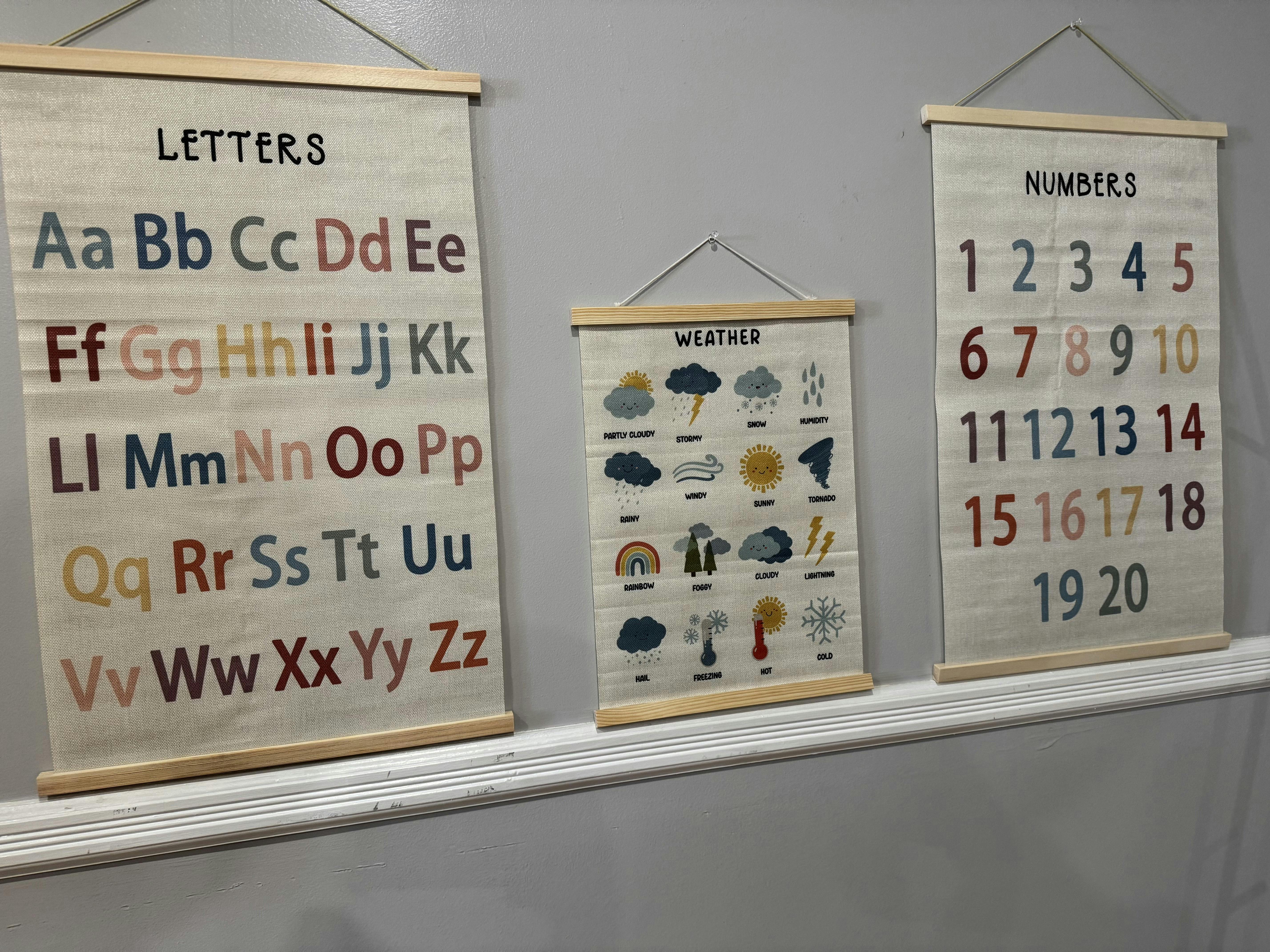 Three educational charts on a wall: letters, weather, and numbers
