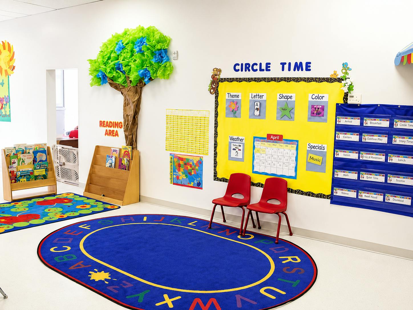 Classroom interior with alphabet rug and circle time learning display