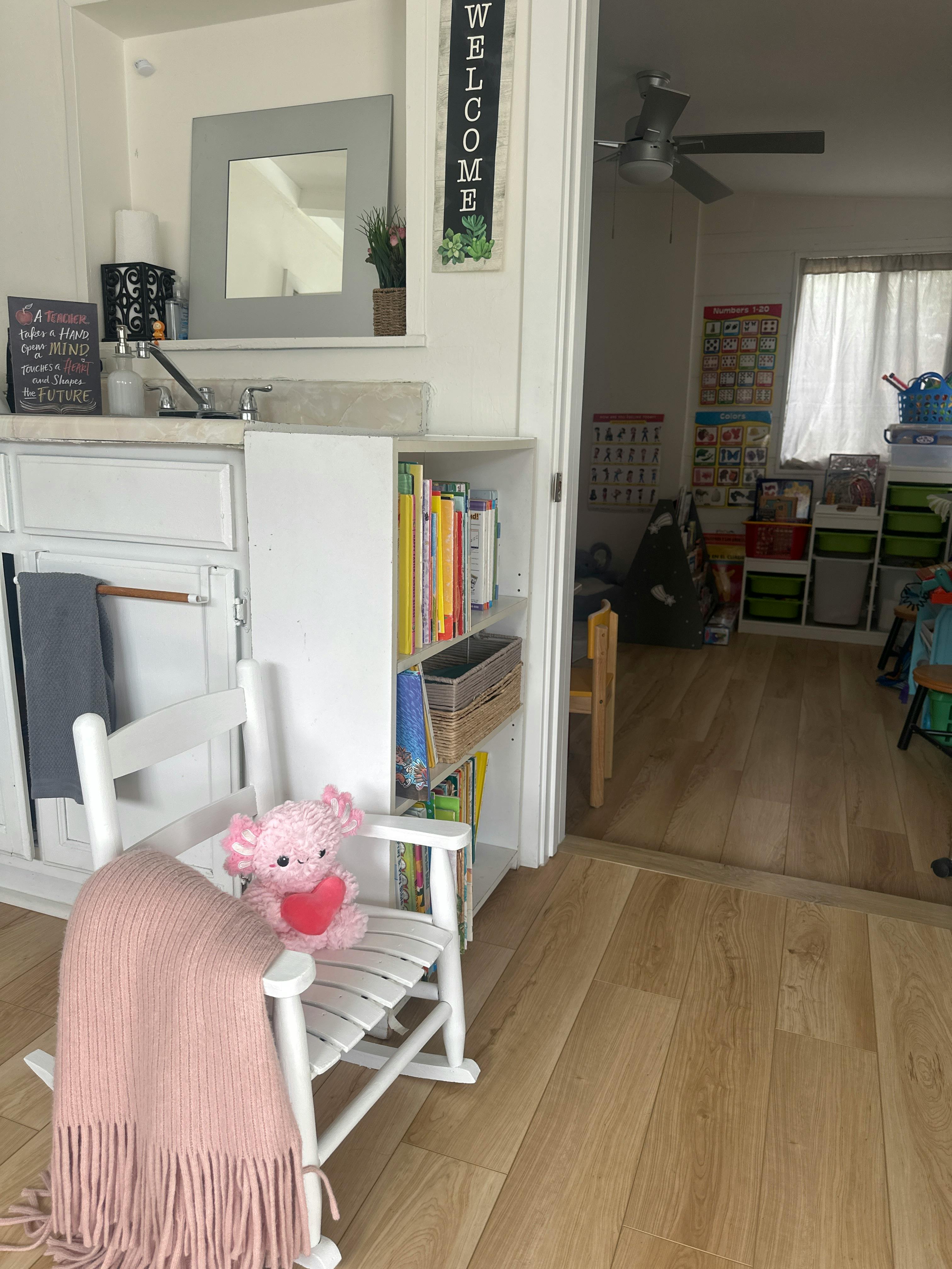 Children's books and learning charts in a classroom