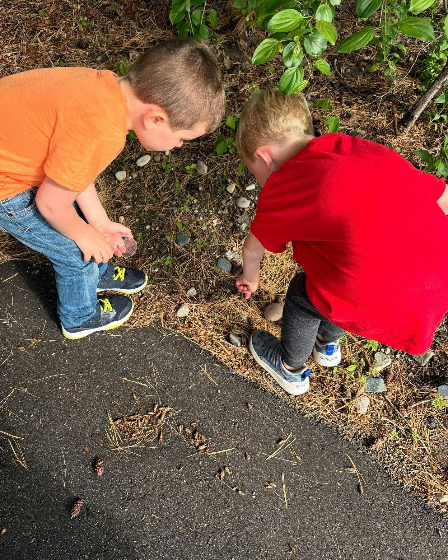 Two children looking at the ground