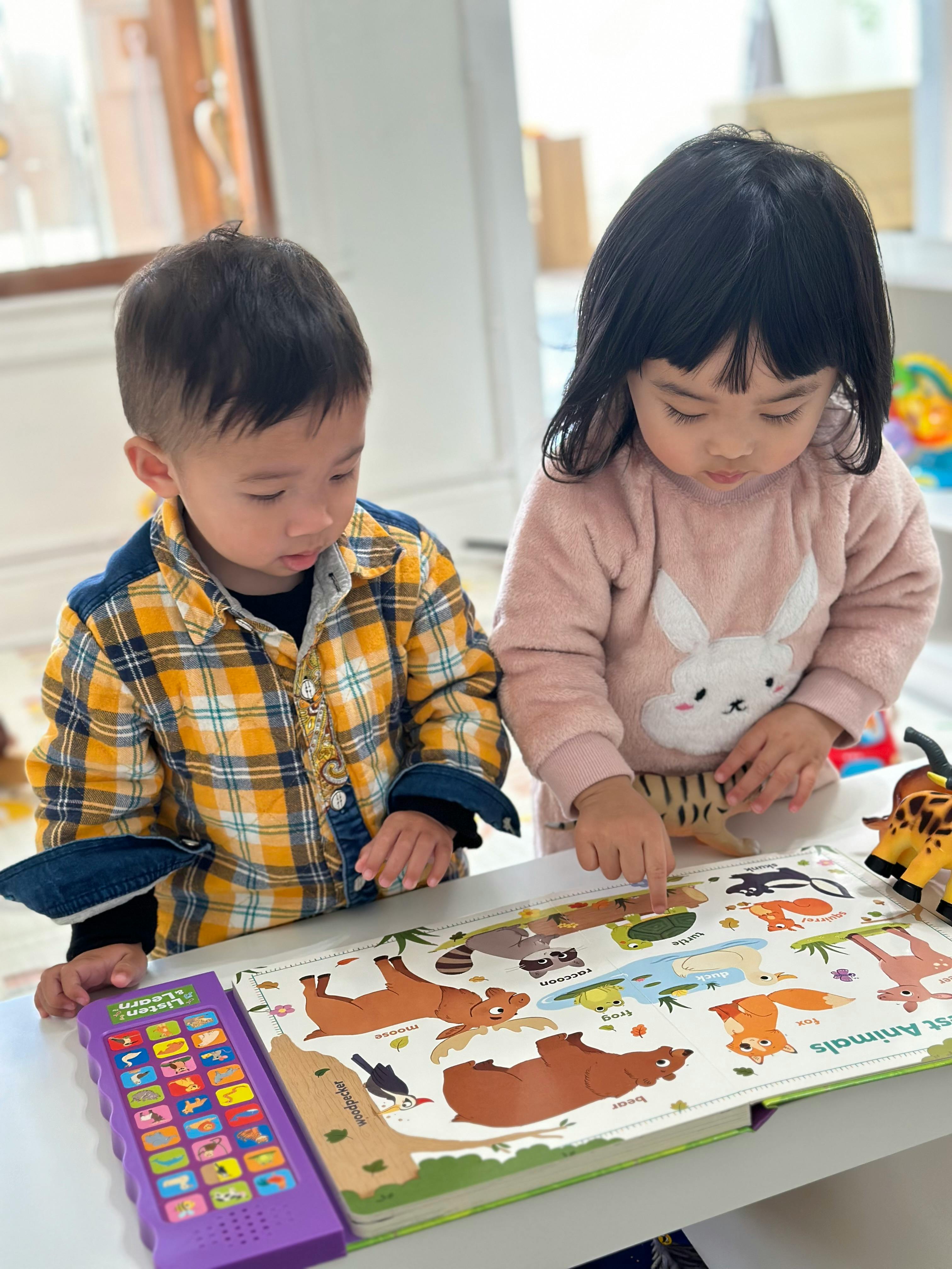 Two children looking at an animal picture book