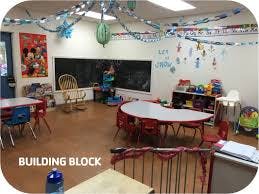 Classroom with tables, chairs, and decorations