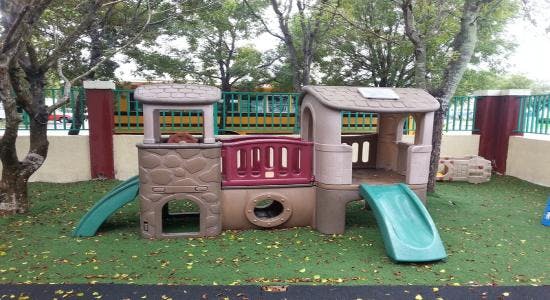 Playground structure with two slides on artificial turf