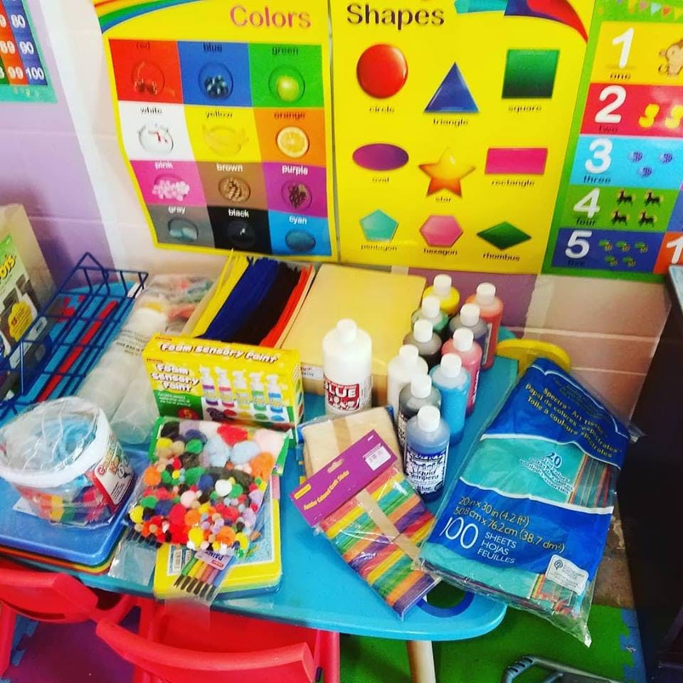 Art supplies on a table with color and shape charts in the background