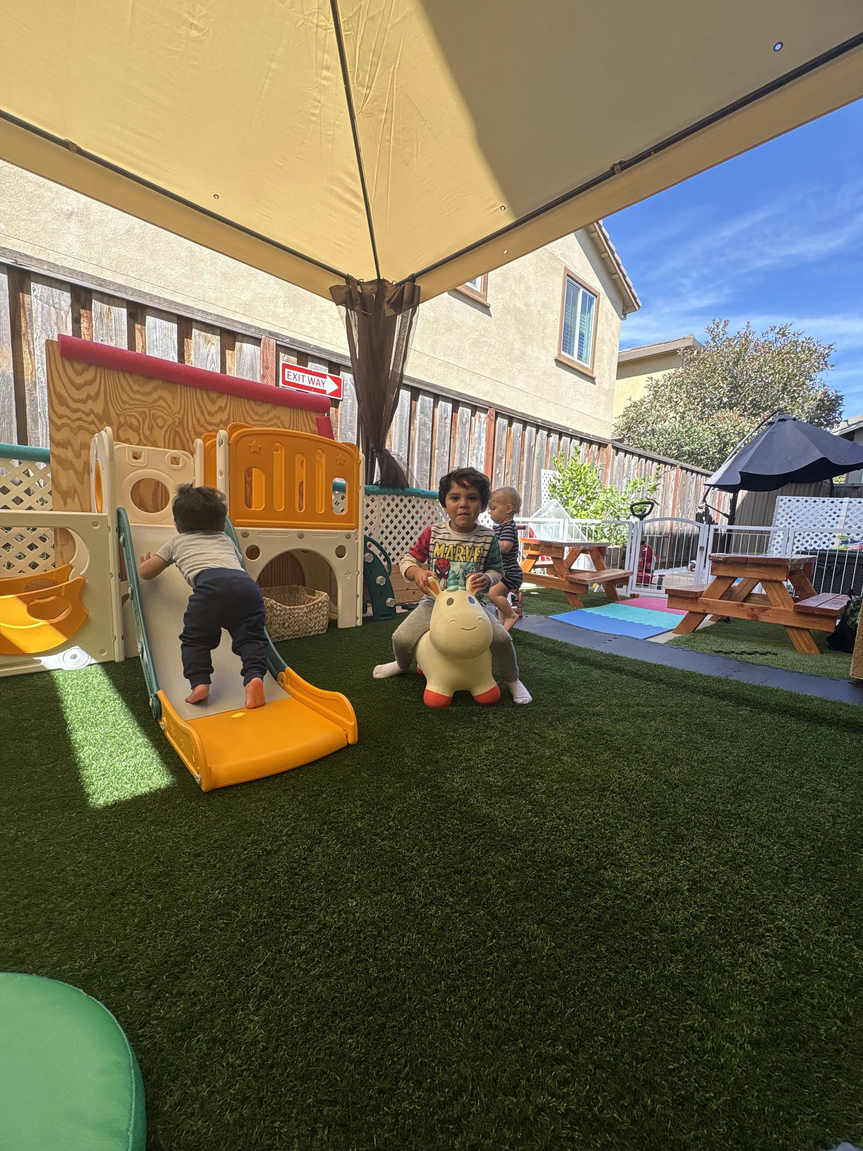 Children playing on a slide and a ride-on toy in a backyard