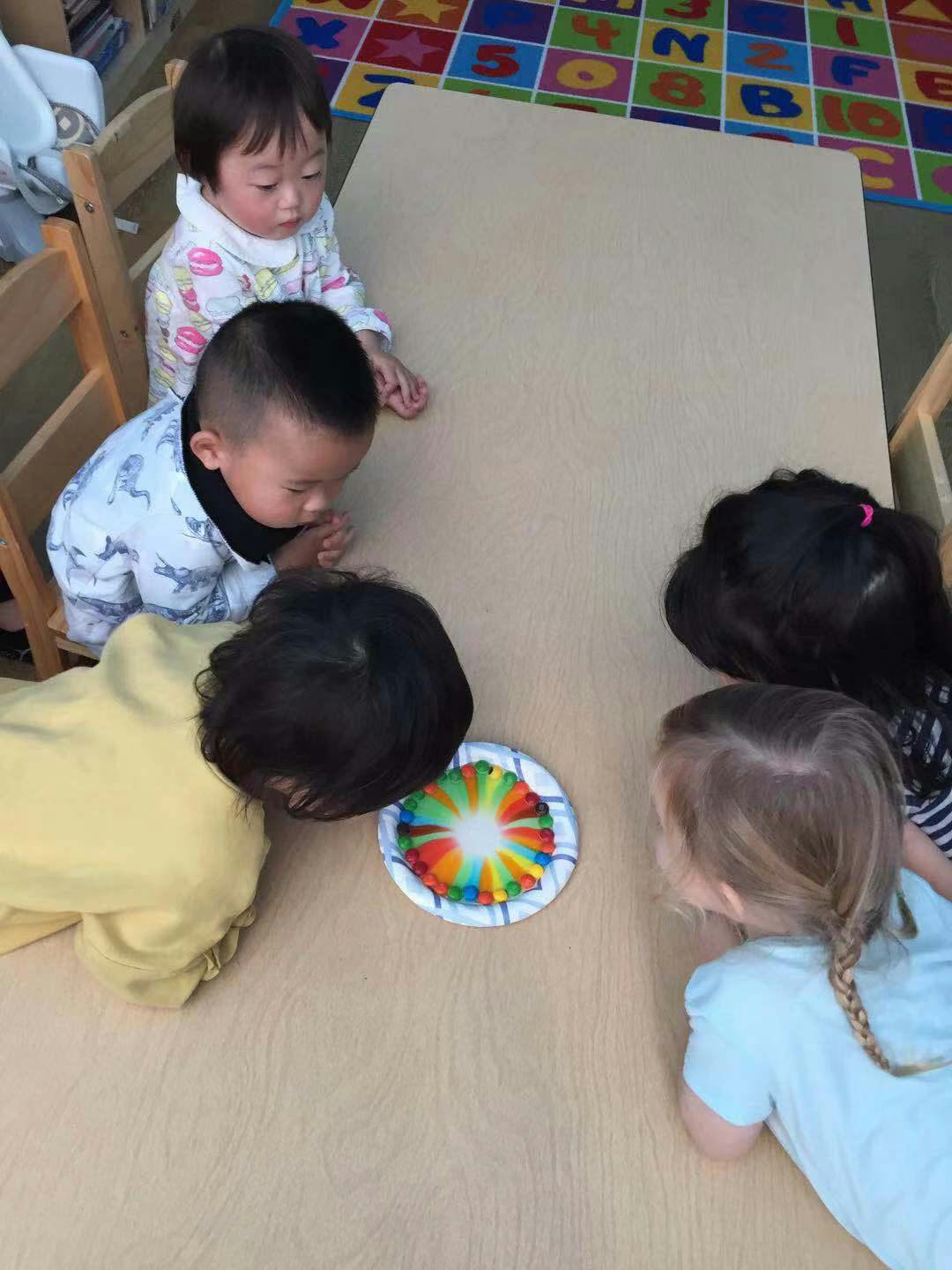 Children gathered around a table looking at a colorful paper plate
