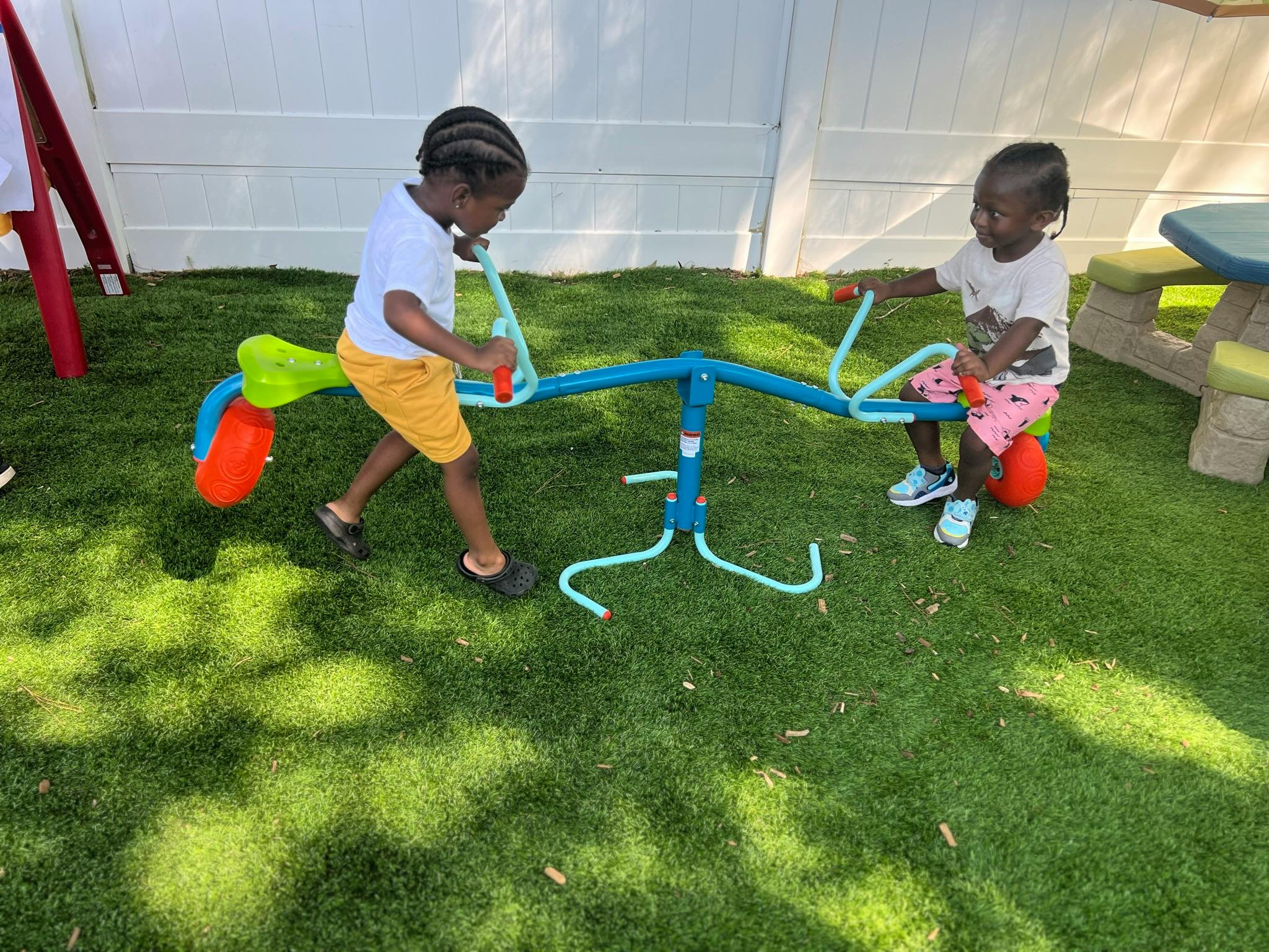 Two children playing on a seesaw on grass