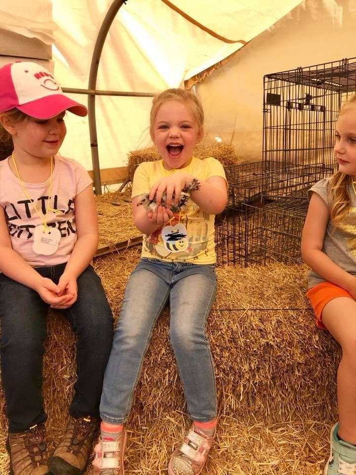 Child holding small birds while sitting on hay bales with other children