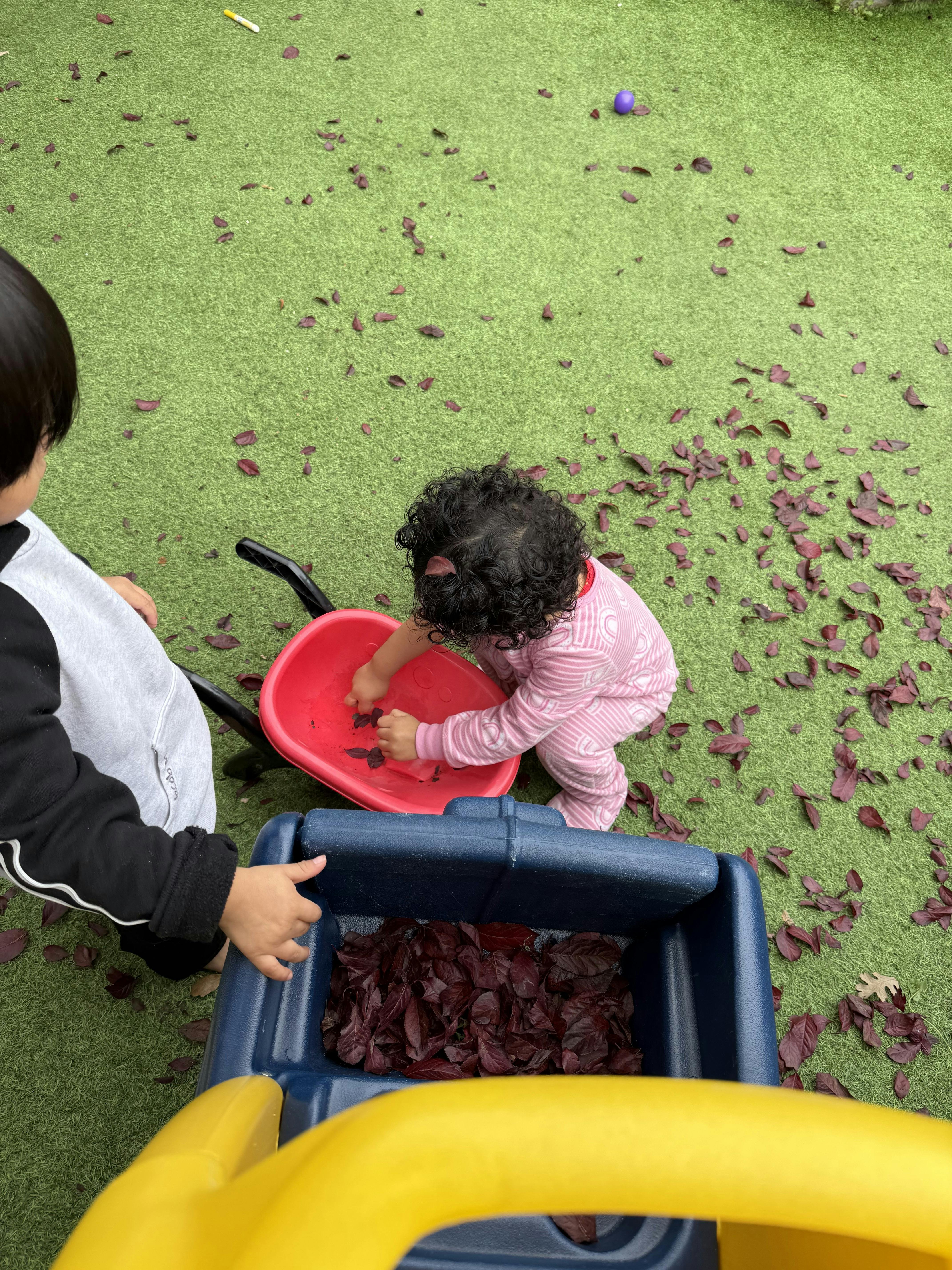 Child collecting leaves in a toy wheelbarrow next to another child