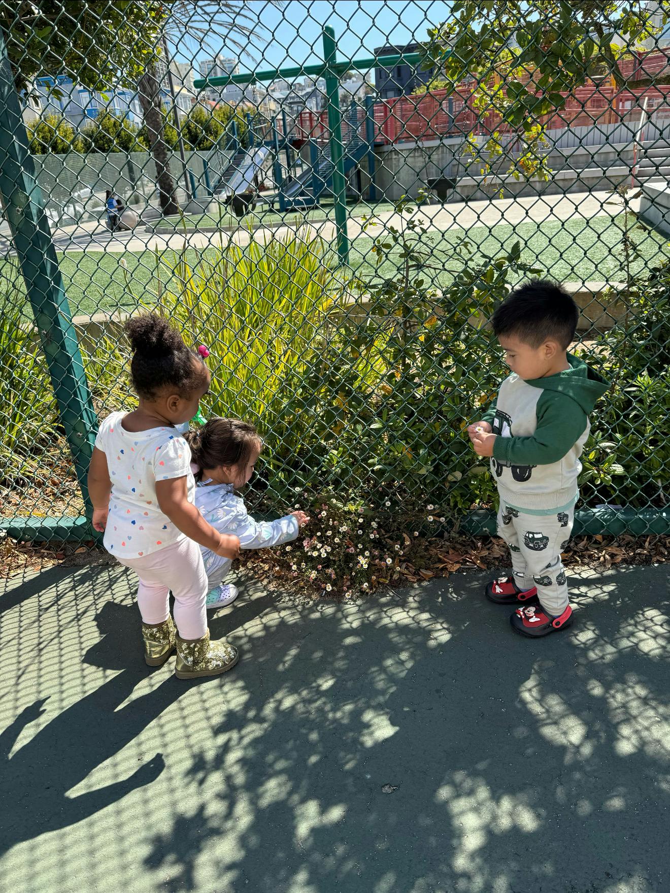 Three children looking at small white flowers by a fence