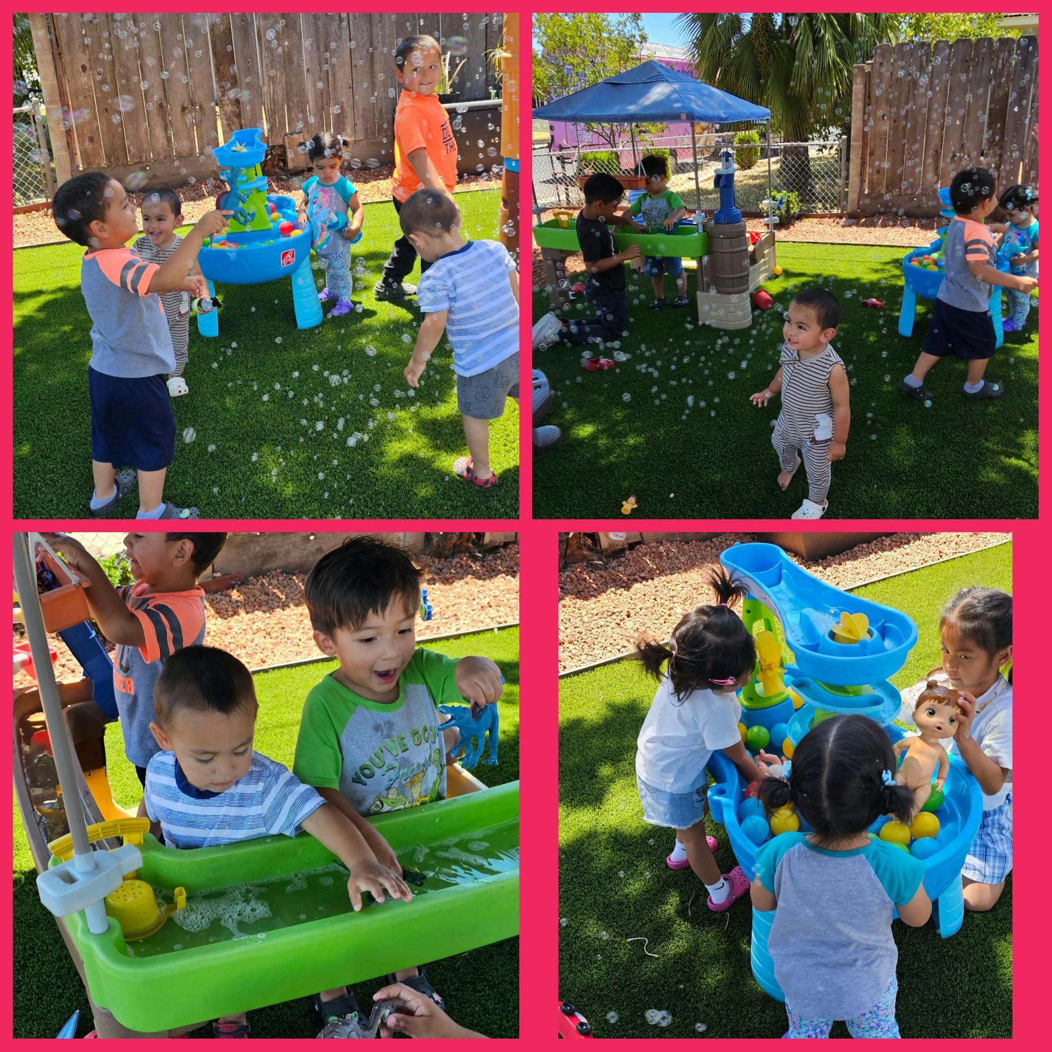 Children playing with water and toys outdoors