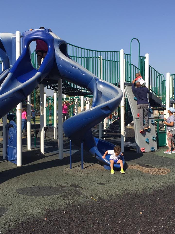 Children playing on a playground with slides and climbing structures