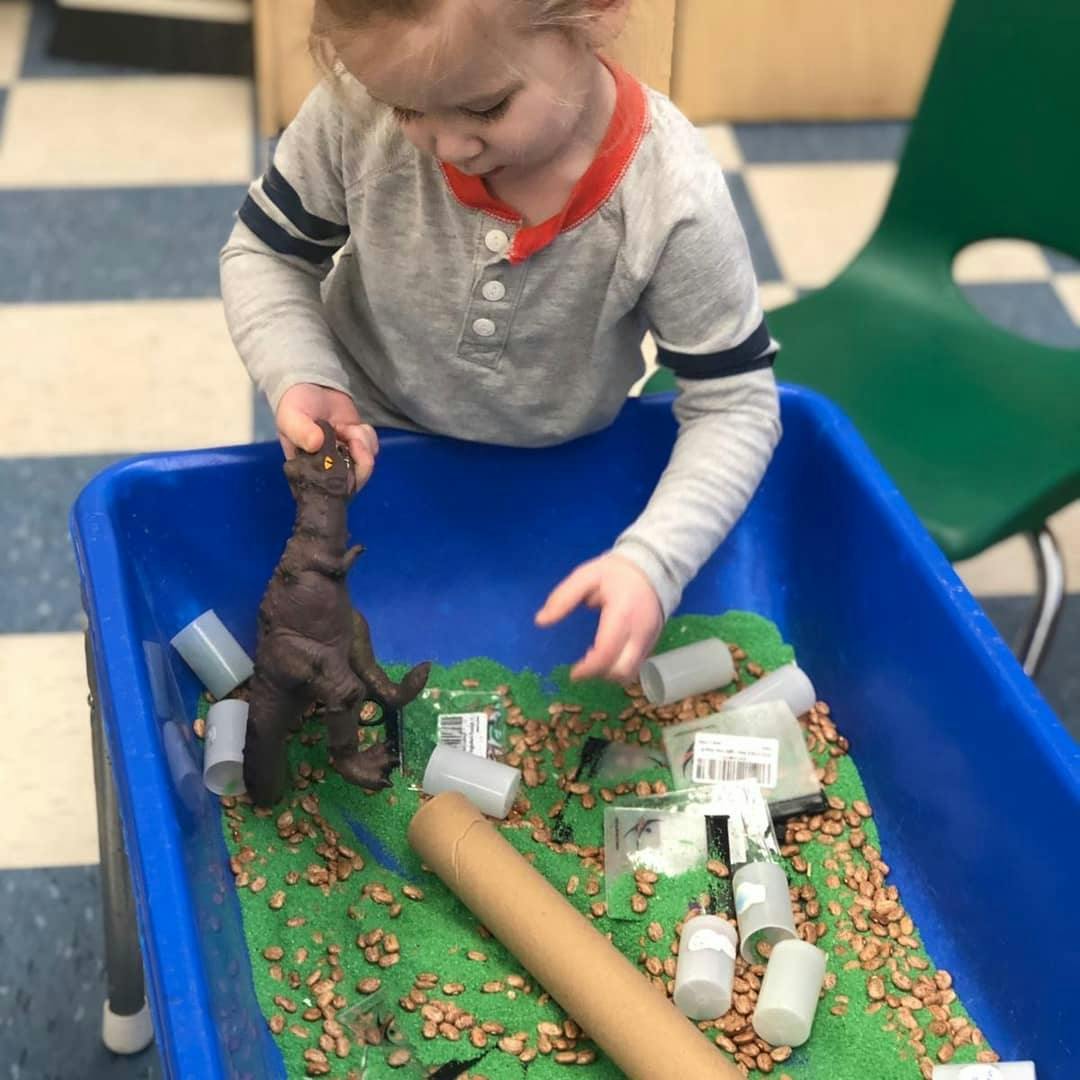 Child playing with a dinosaur toy in a sensory bin