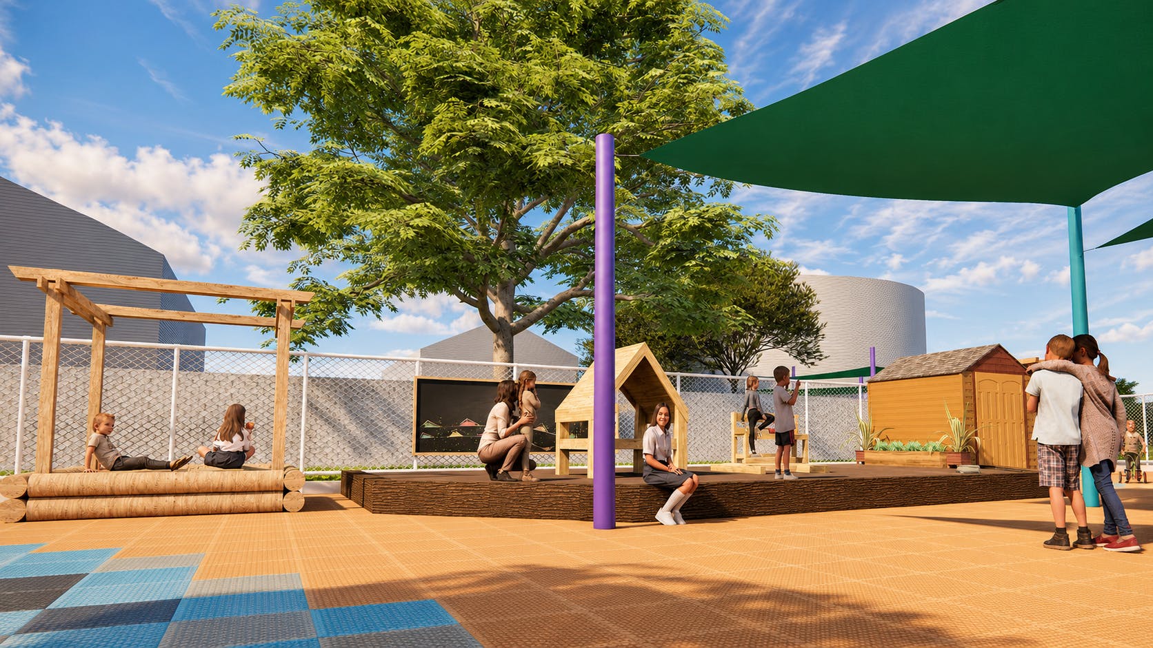 People and children on a playground with wooden structures and shade canopies