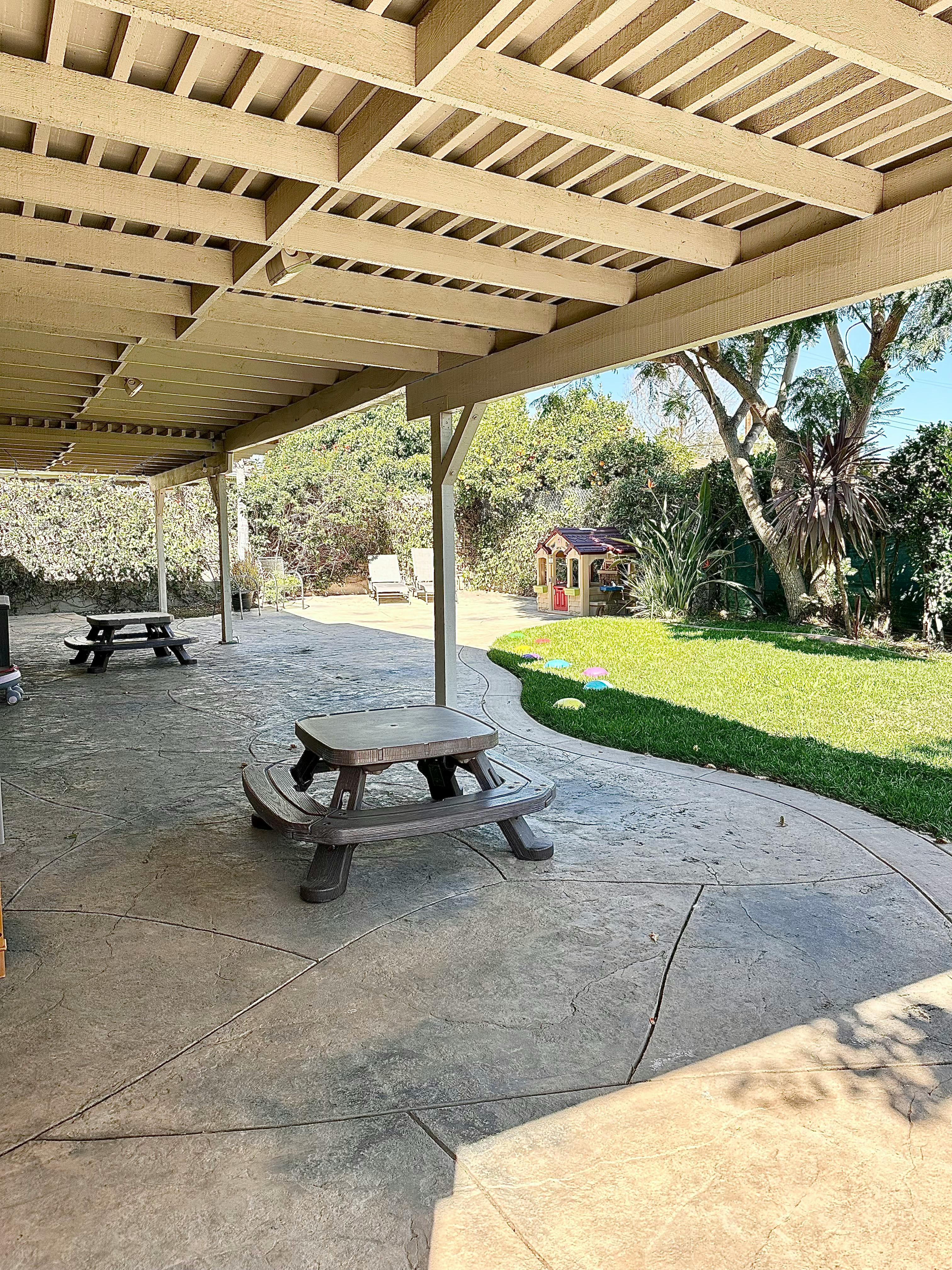 Covered patio with picnic tables and a grassy yard