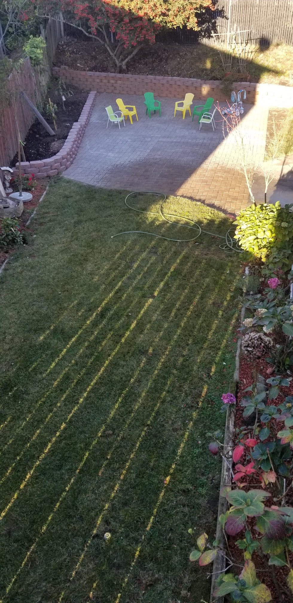 Backyard with a concrete patio, lawn, and garden beds