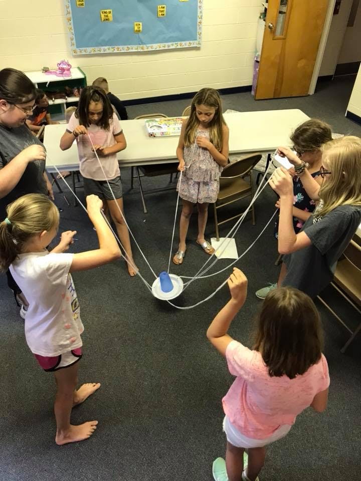 Children playing a game with strings attached to a plate and cup