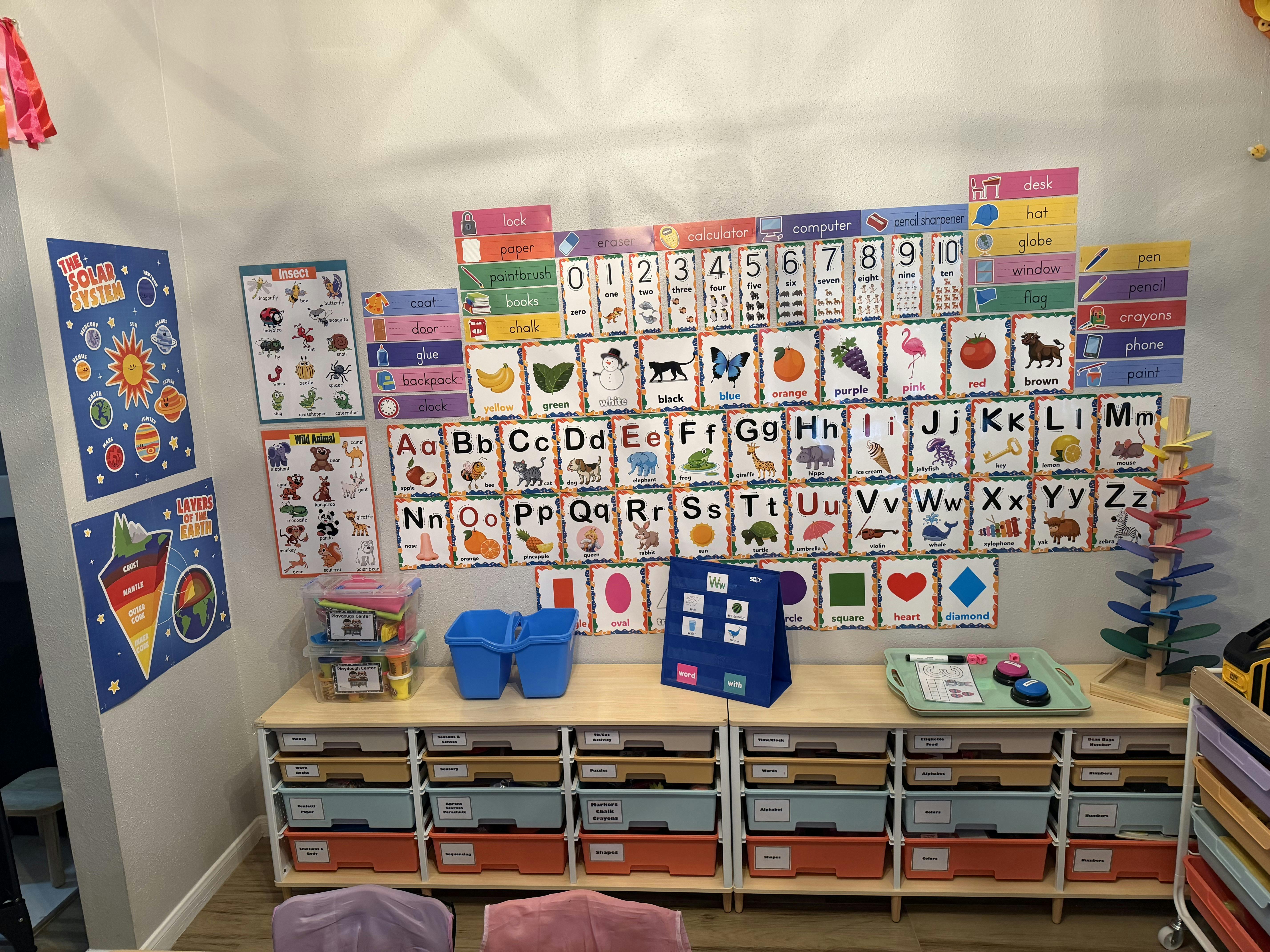 Classroom wall with alphabet and educational posters above organized storage bins