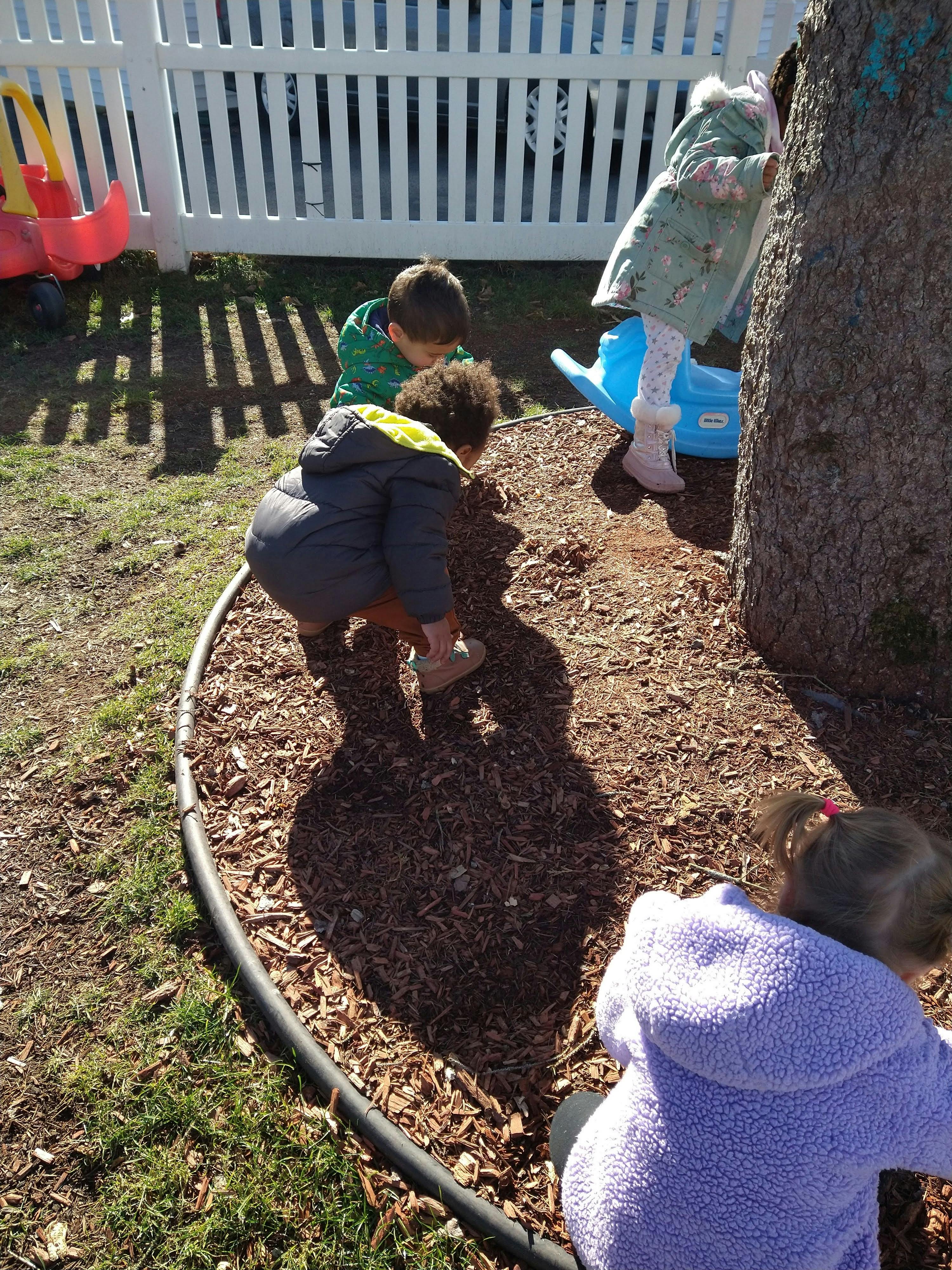 Three children playing outdoors on wood chips near a tree and white fence