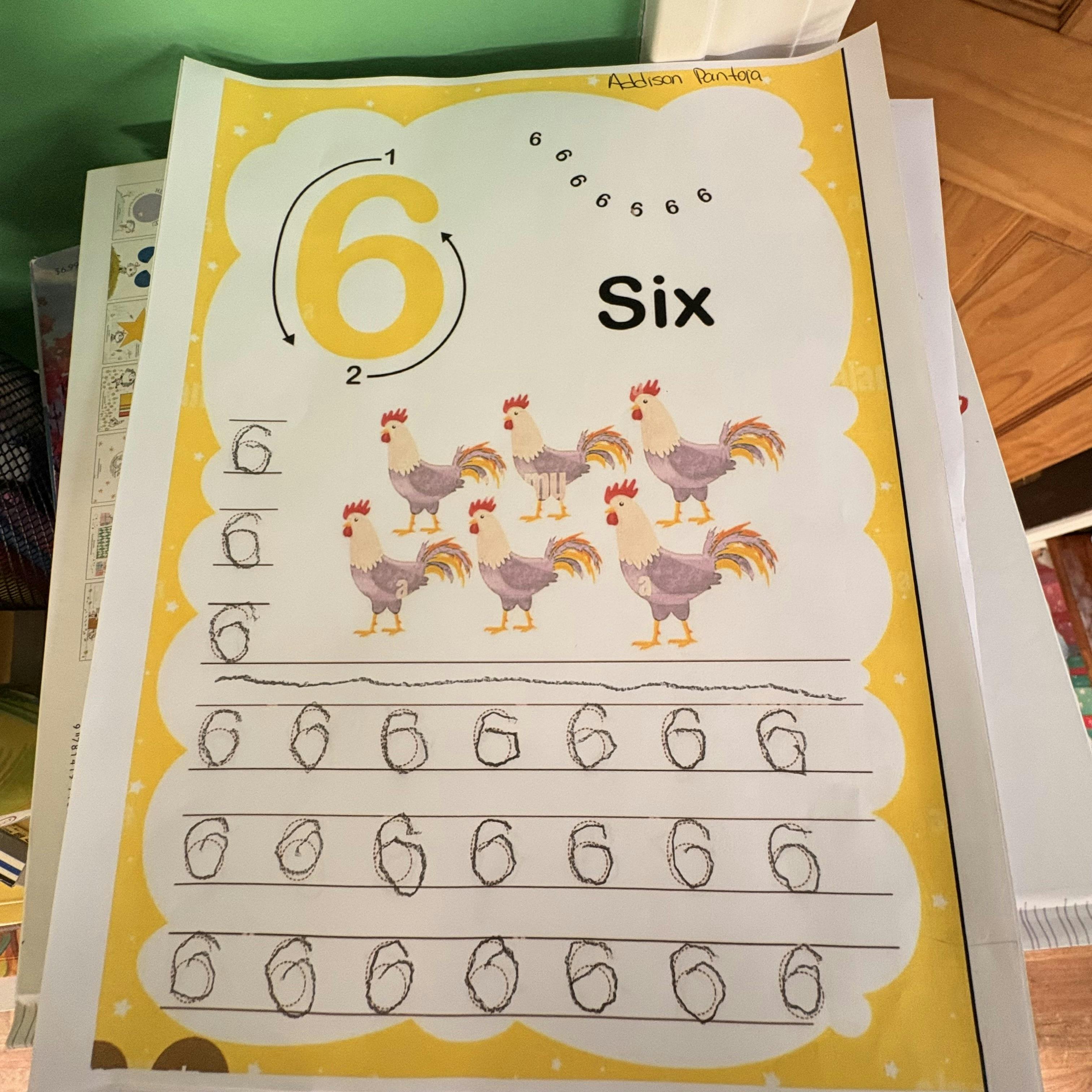 A number six tracing worksheet with six roosters