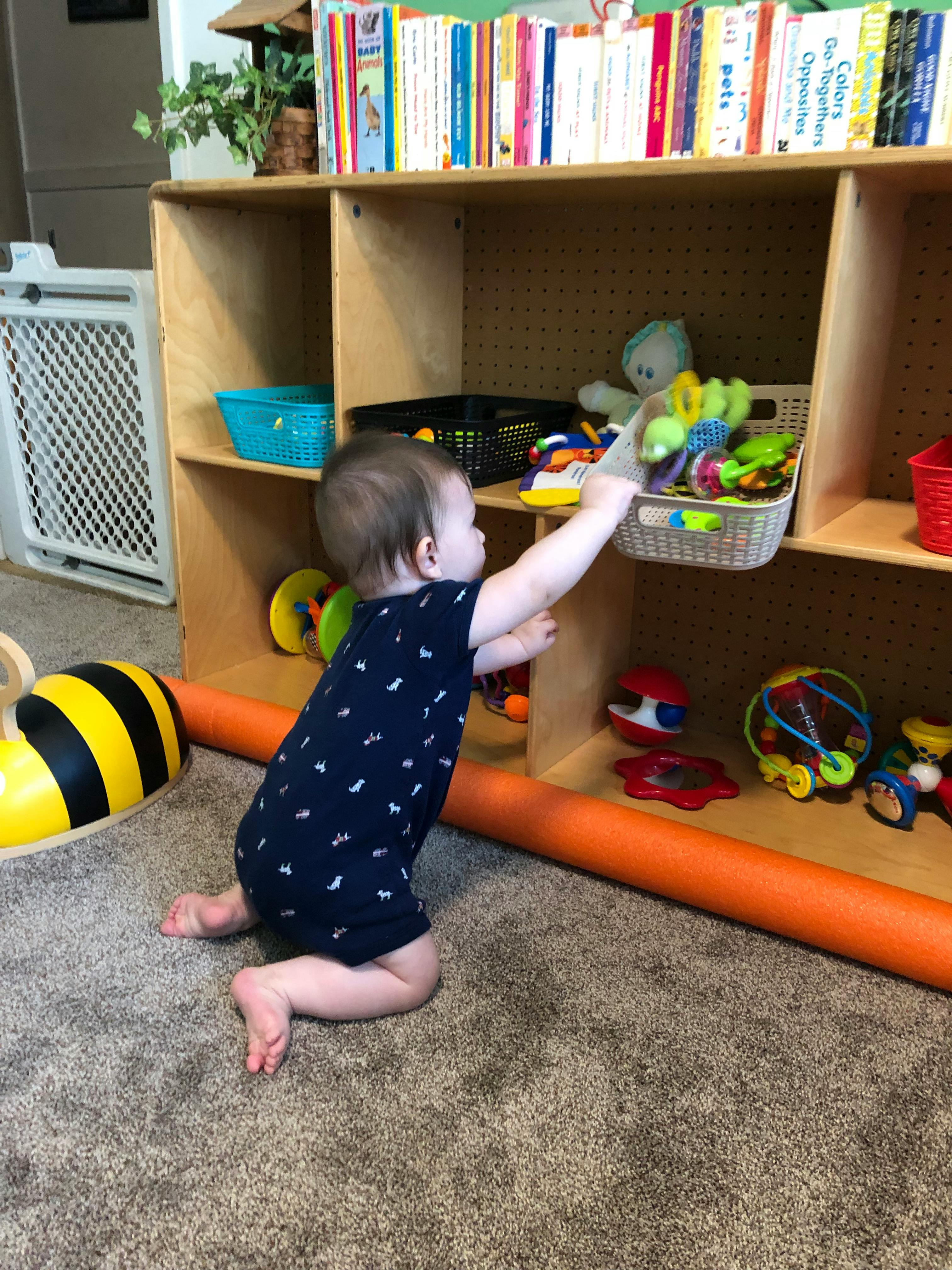 Child on knees reaching for a basket of toys on a shelf
