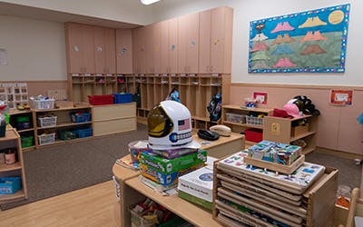 Classroom with an astronaut helmet on a table