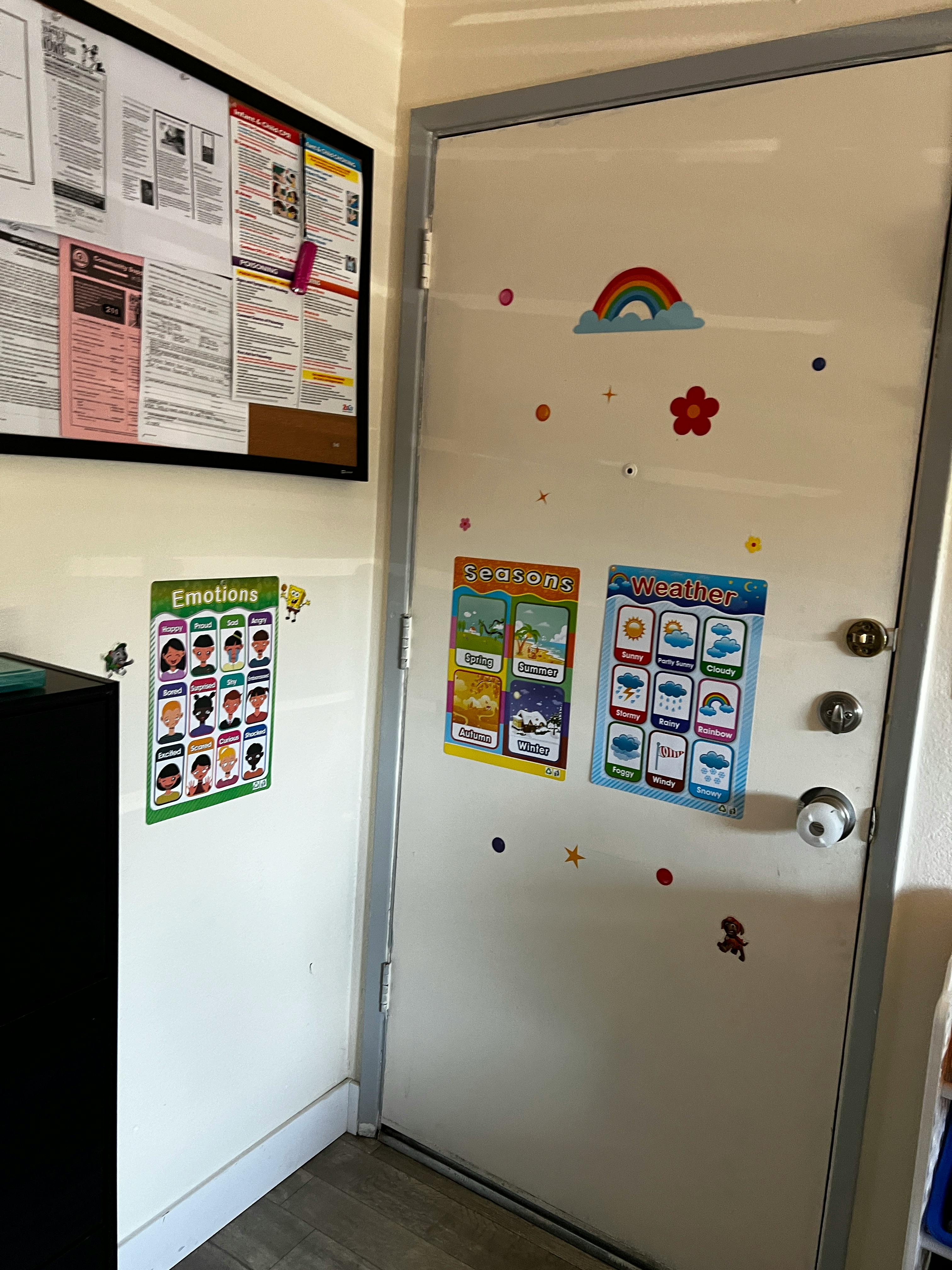 Door with educational charts and a bulletin board with papers