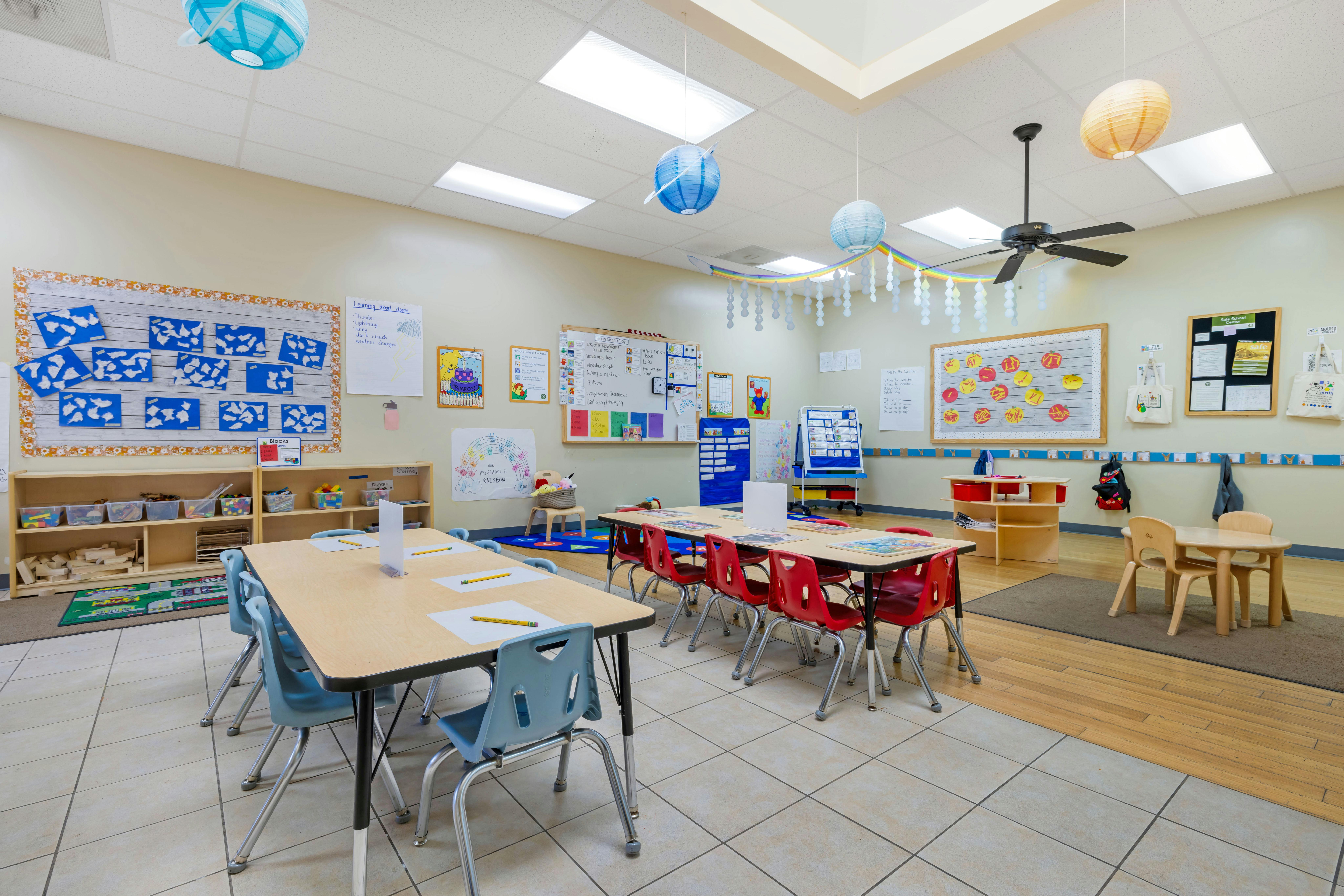 Empty classroom with tables and chairs, educational posters on walls