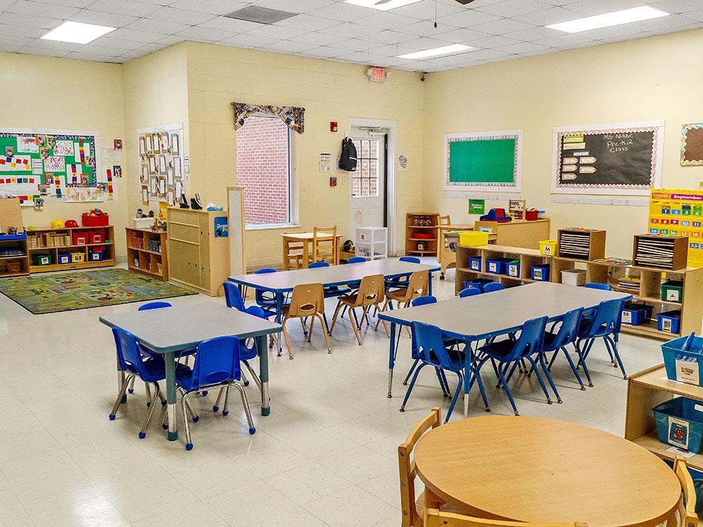 Classroom with multiple tables and chairs for children