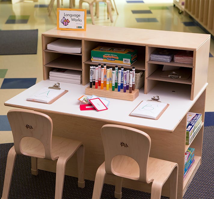 Children's desk with two chairs, clipboards, and markers