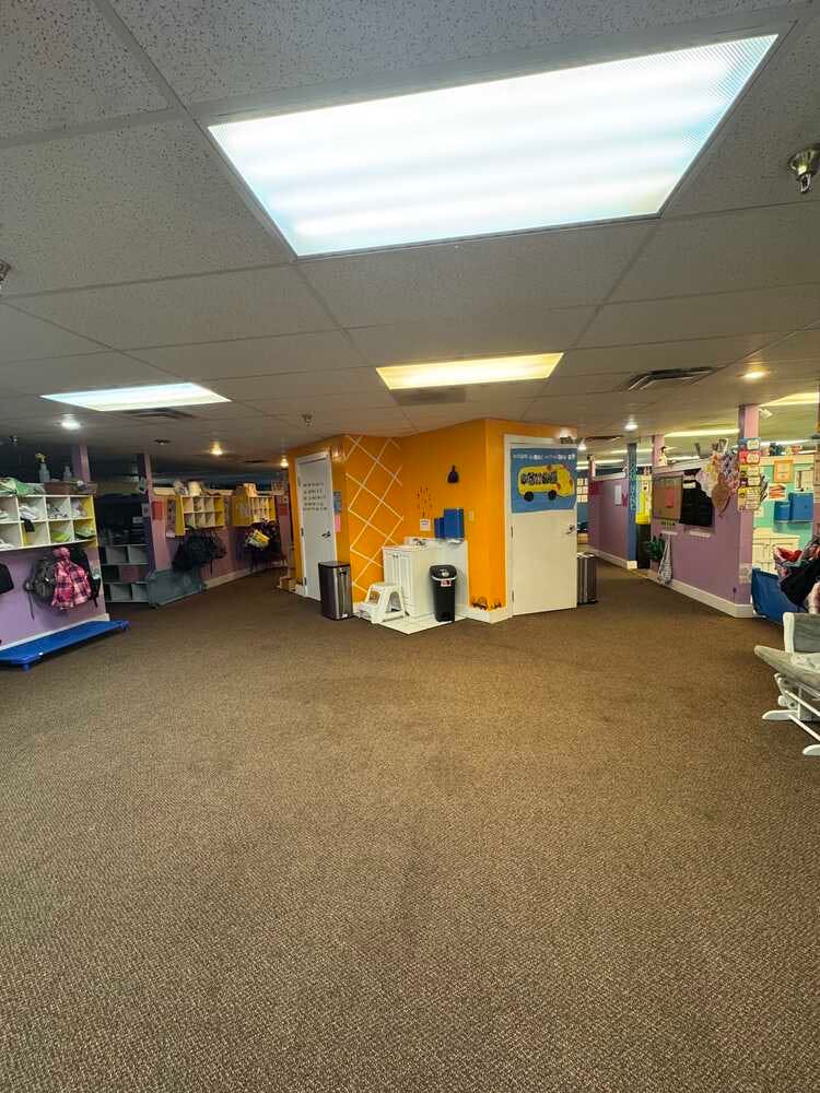 empty room with brown carpet, yellow and purple walls, and fluorescent lights
