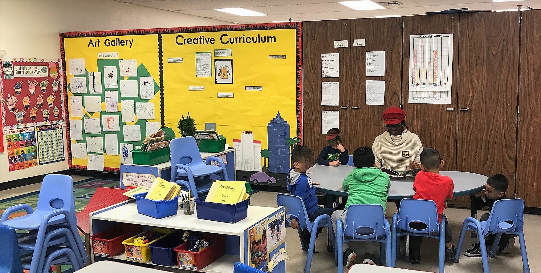 Adult and children sitting around a table in a classroom