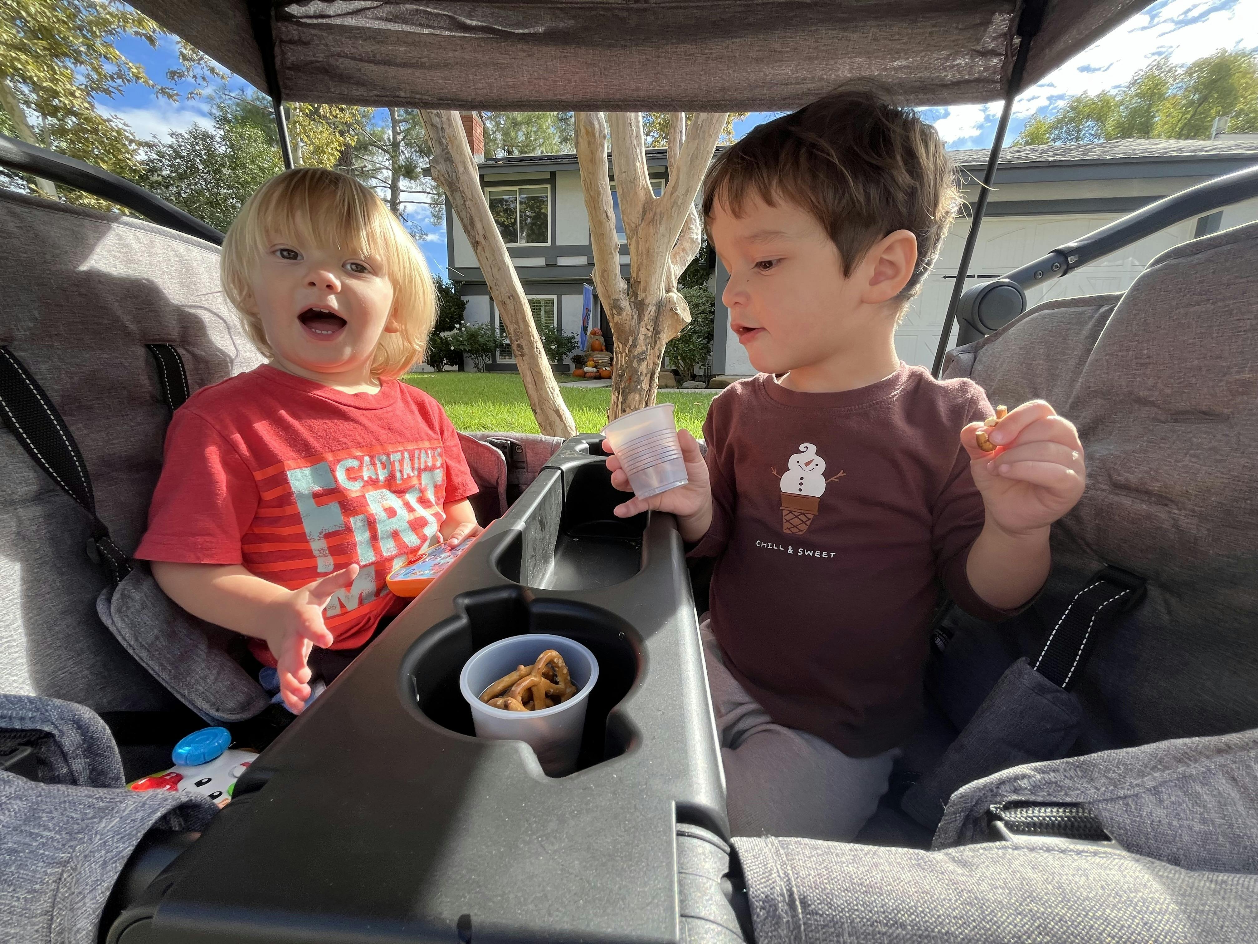 Two children in a stroller, one holding a cup and the other with an open mouth
