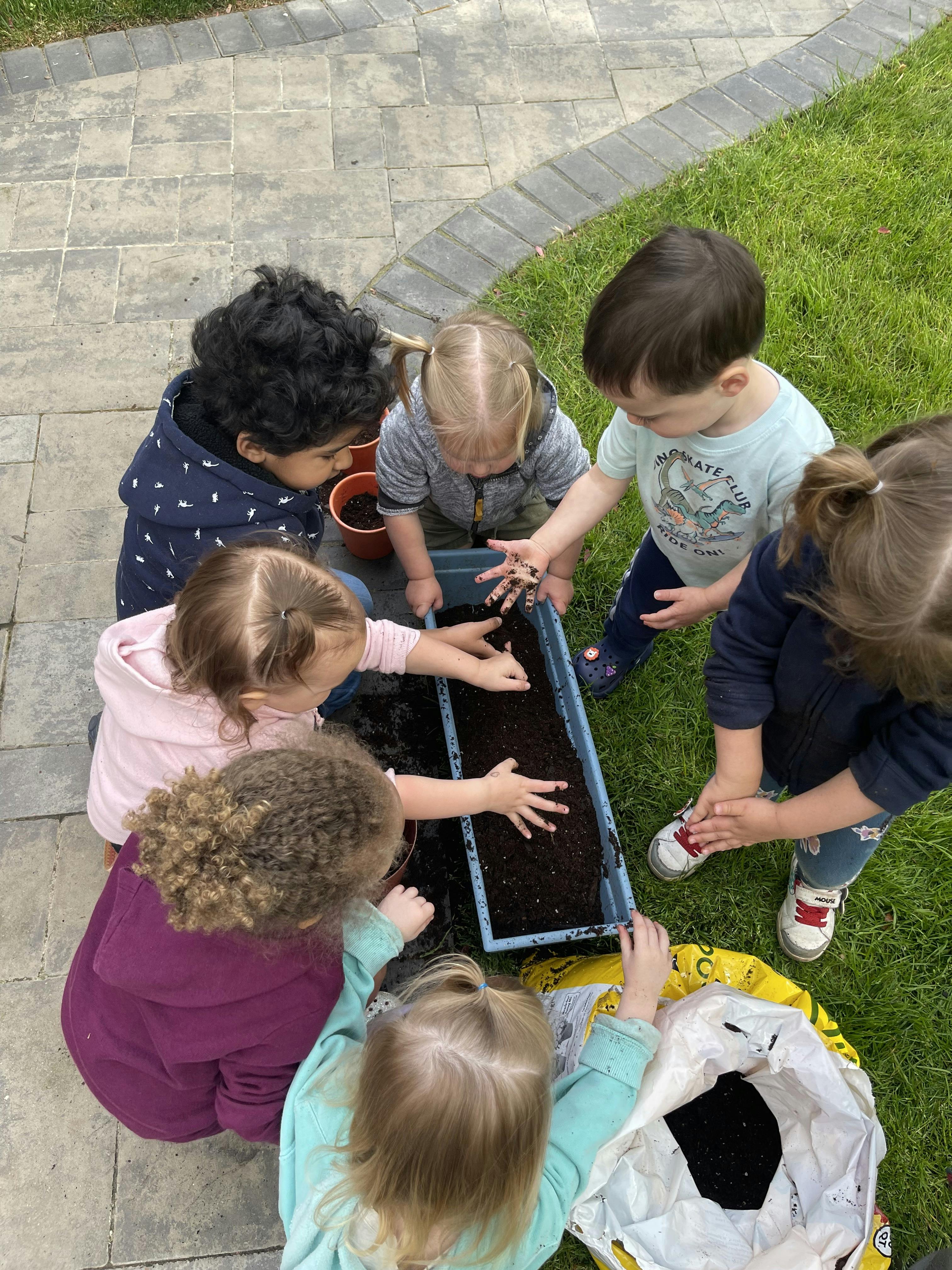 Group of children planting in soil outdoors