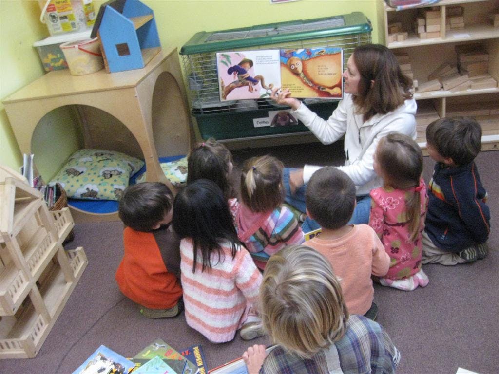 Person reading a book to a group of children in a classroom