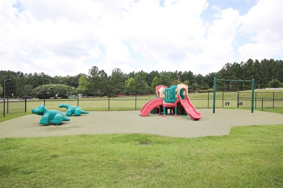 Playground with slides, swings, and animal spring riders