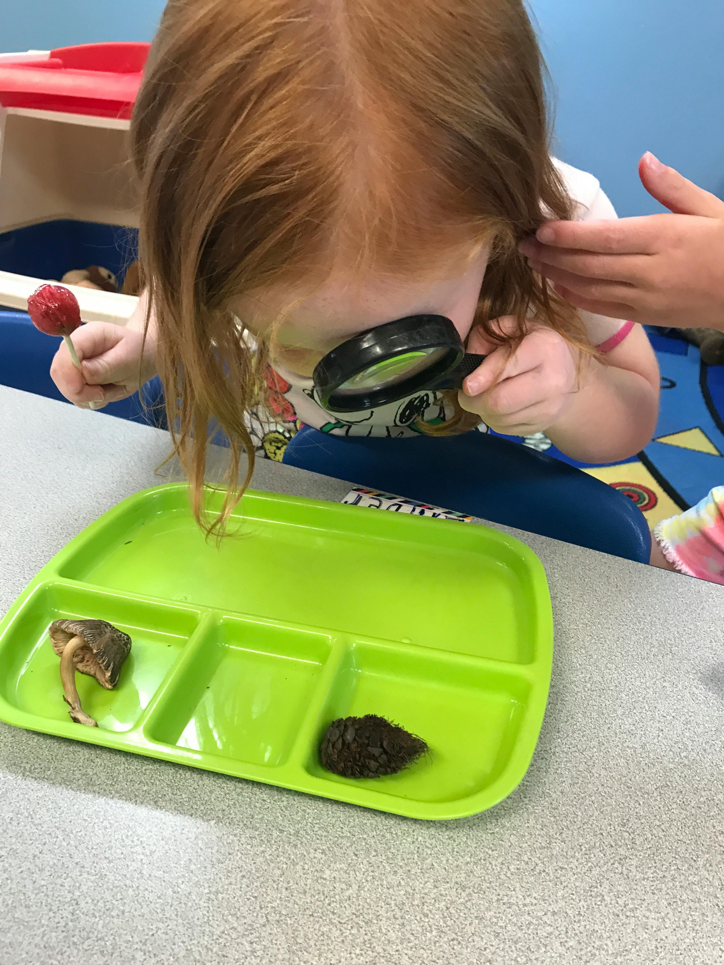 Child looking through a magnifying glass at items on a tray