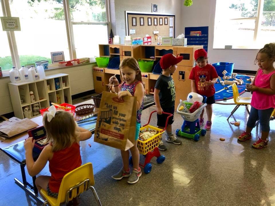 Children playing in a classroom with shopping carts and bags
