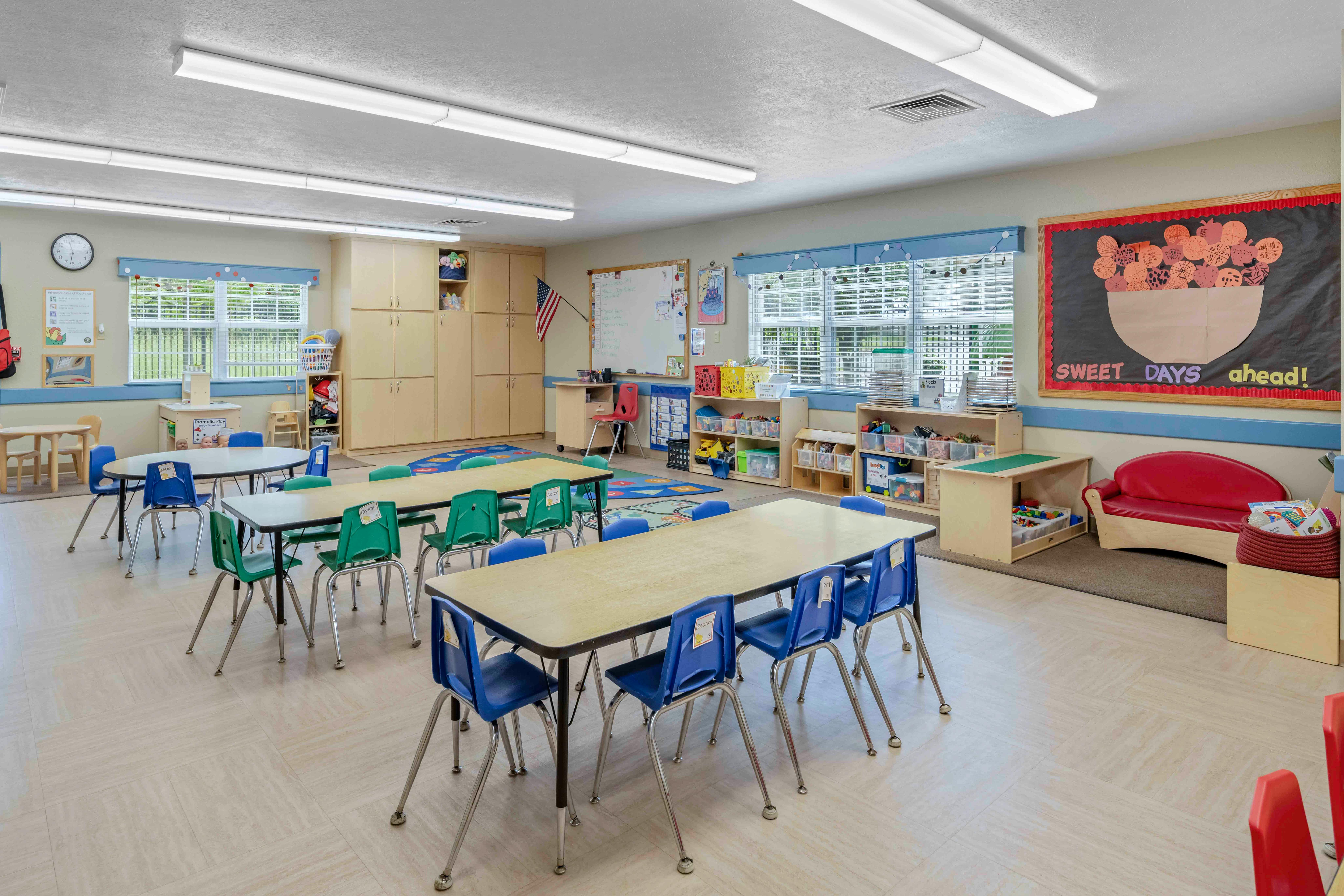 Classroom with child-sized tables and chairs