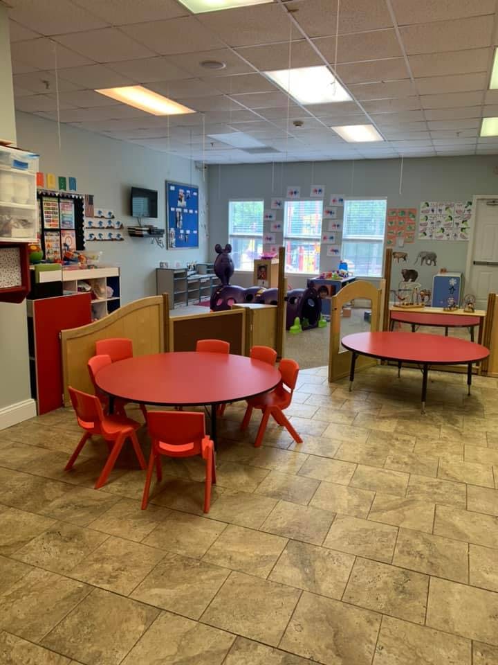 Children's classroom with red tables and chairs