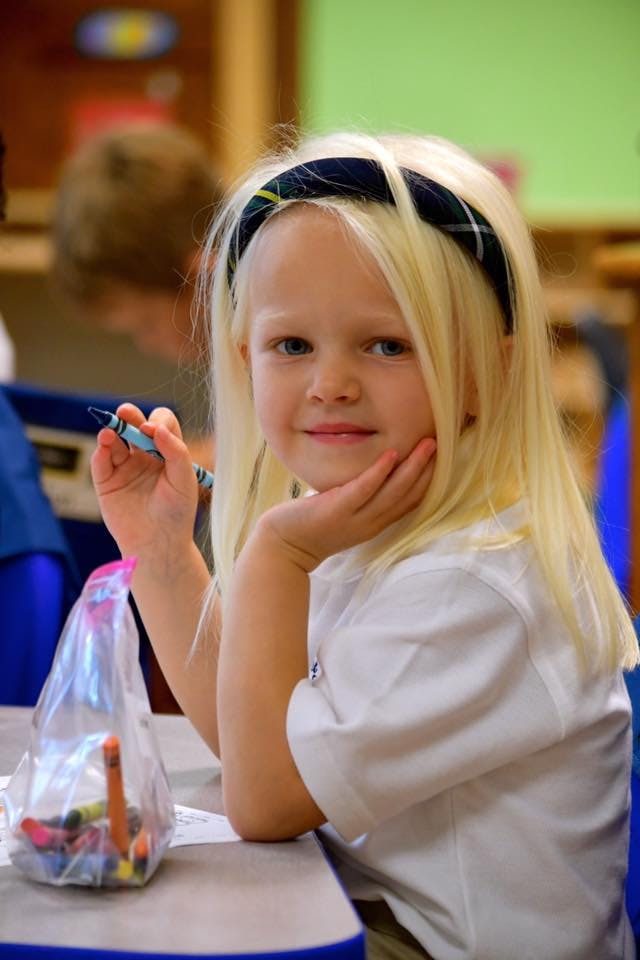 Child with blonde hair holding a crayon, resting chin on hand