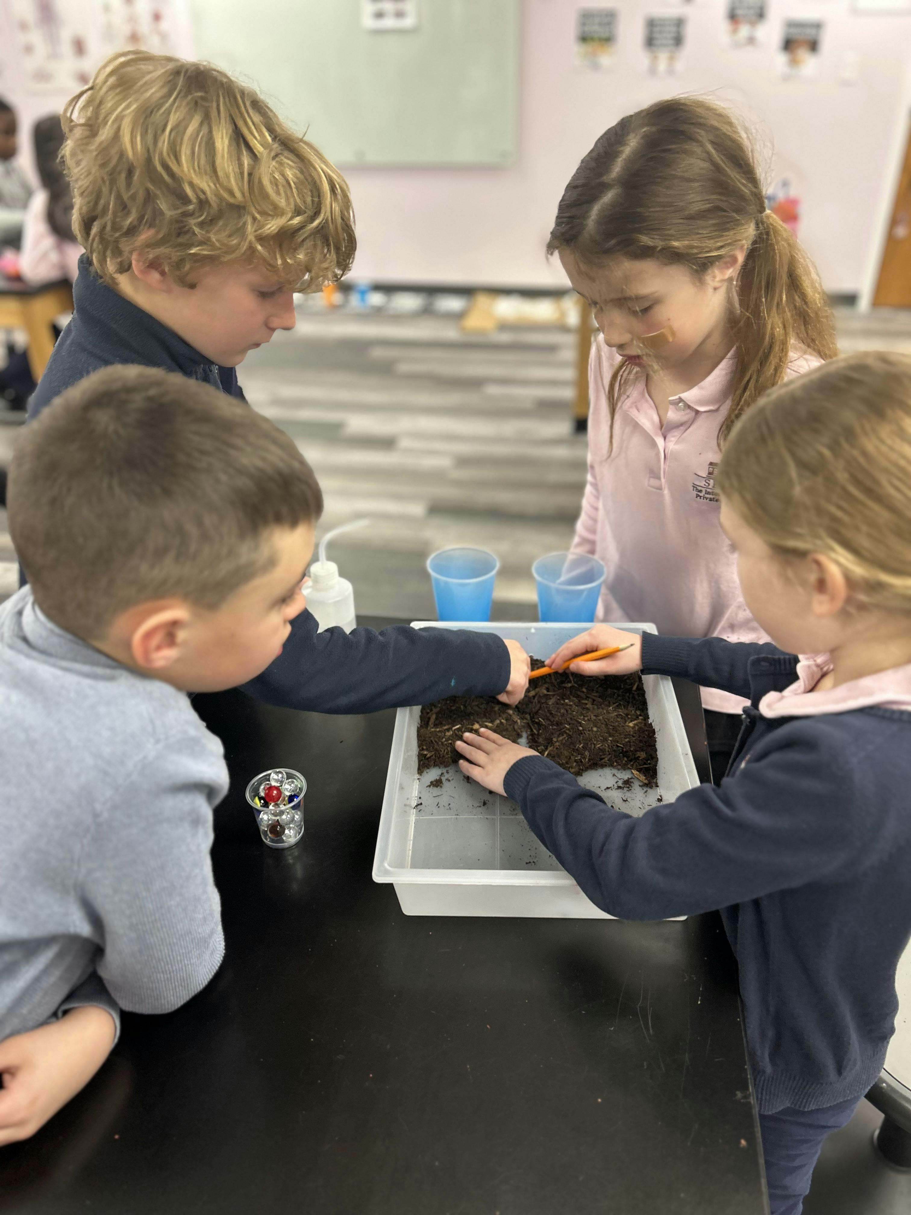 Four children working on a science project with soil in a tray