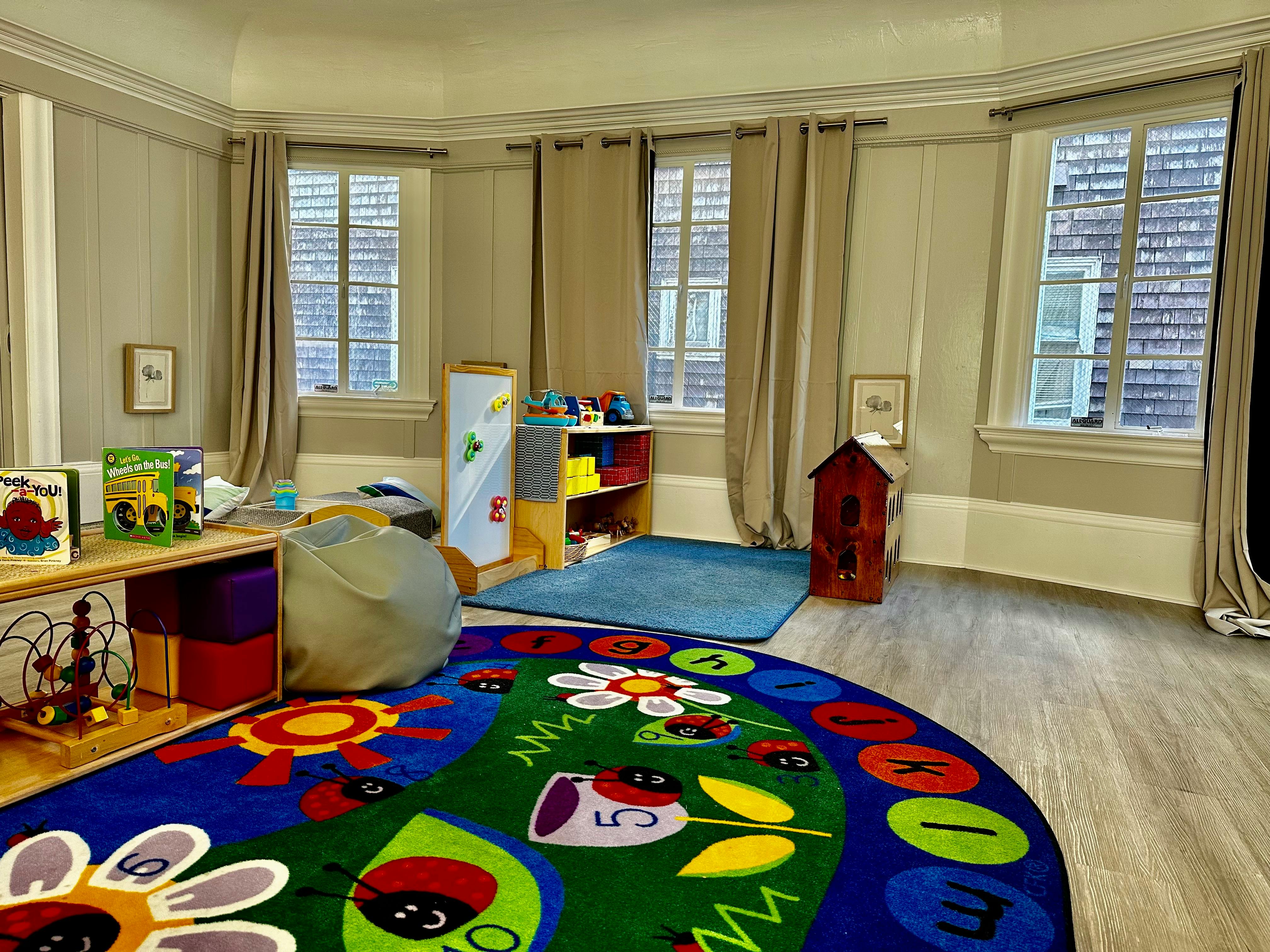 Playroom with colorful rug, shelves, and windows