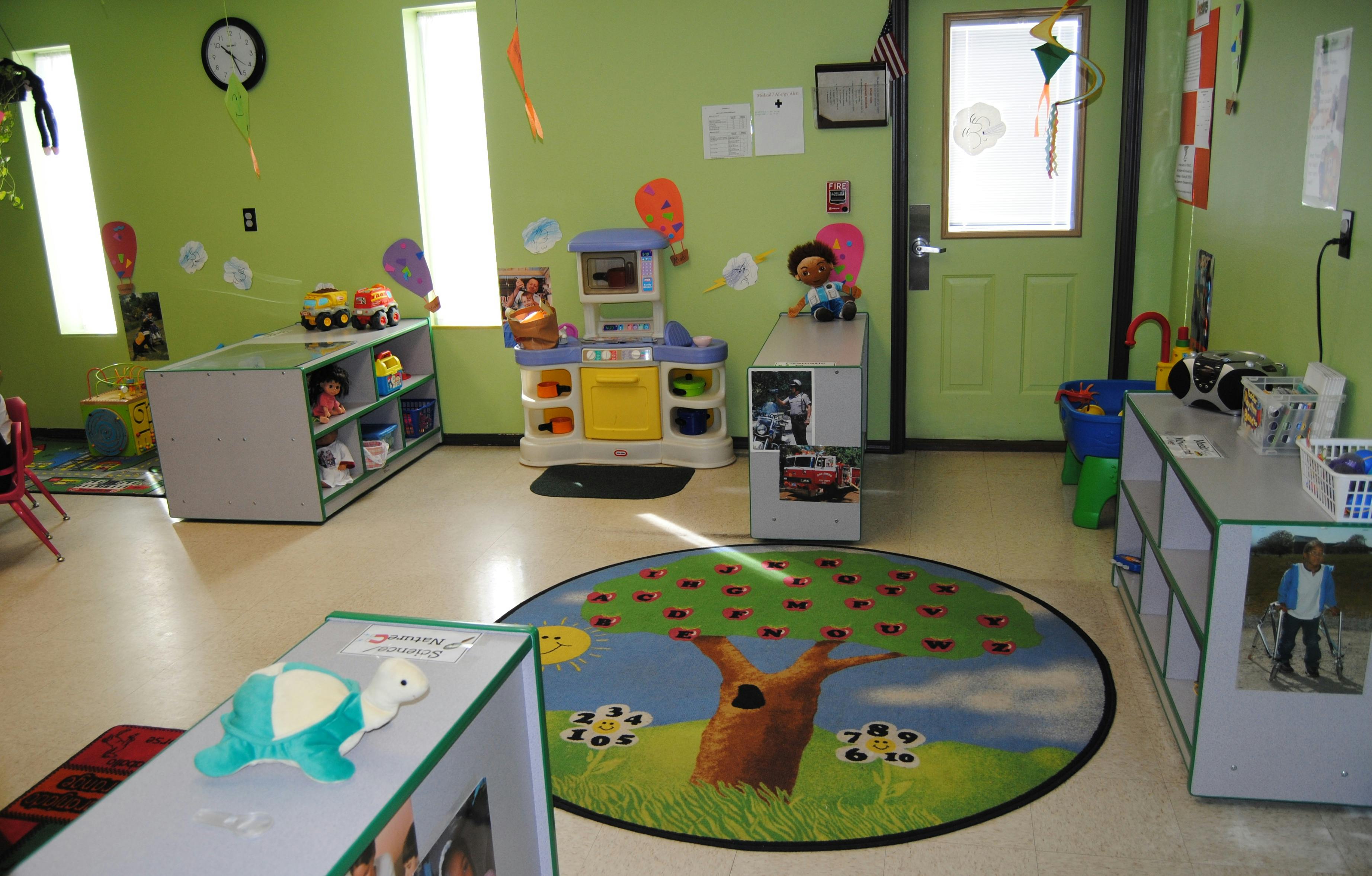 Playroom with toy kitchen, storage shelves, and a tree-themed rug